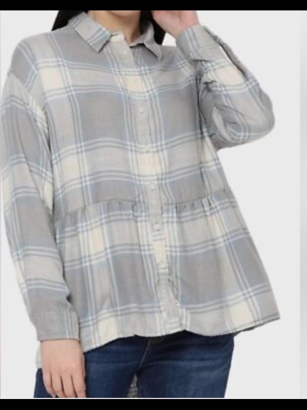 Grey Cream Plaid Button-Front Peplum Shirt American Eagle Baby Doll Long XL